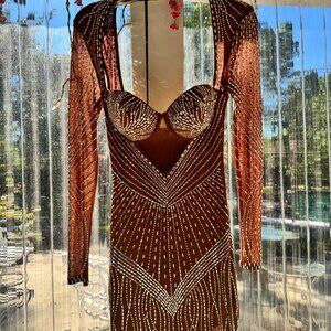 Dazzling Rhinestone Bodycon Mini Dress, Dark Tan